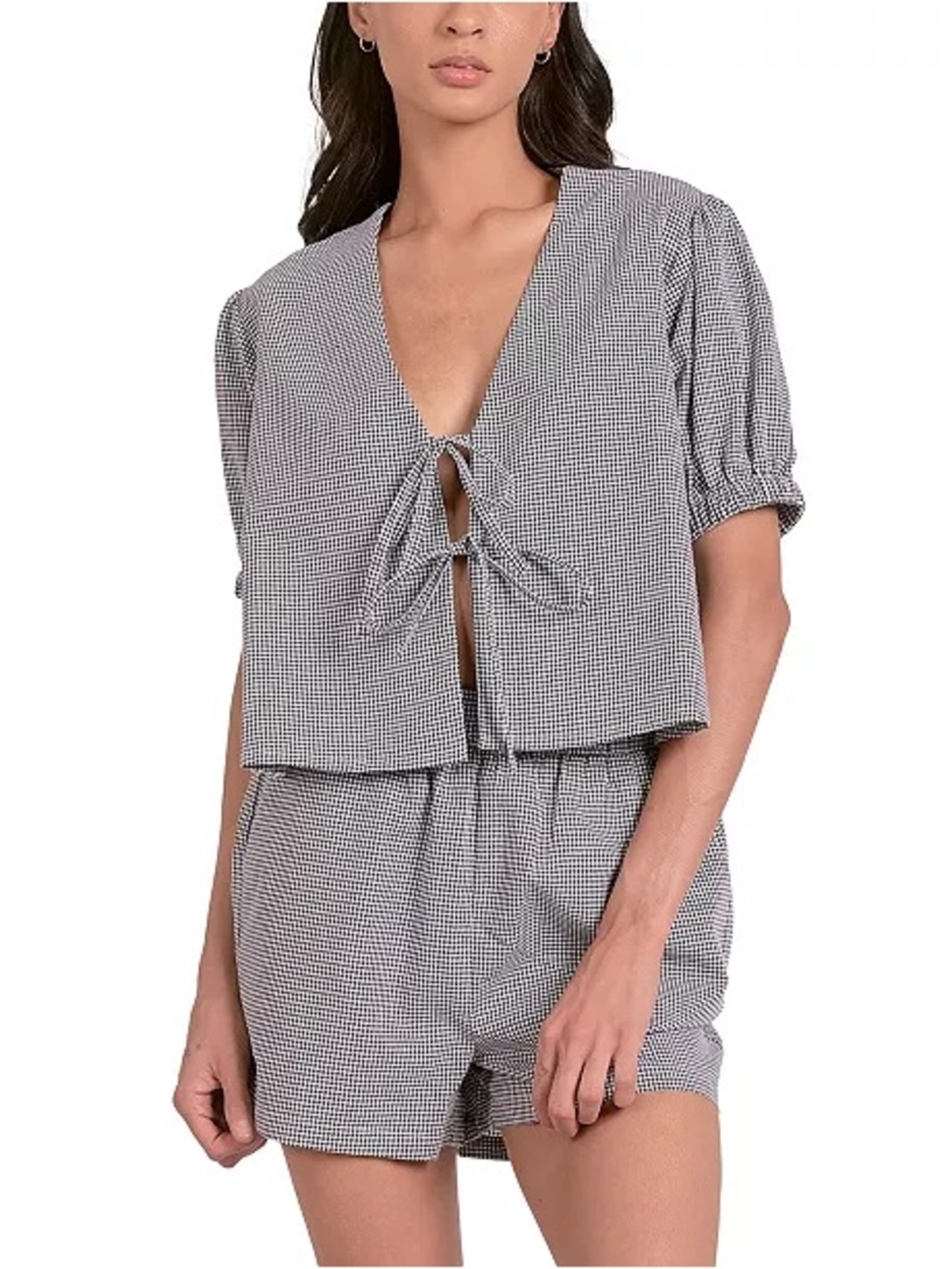 Elan Black and White Gingham Tie-Front Set